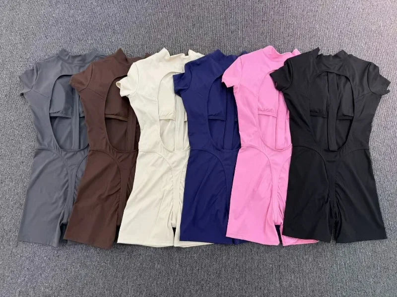 Women's Seamless Yoga Jumpsuits Fitness Sports Hip-lifting Backless Short-sleeved Training Gym Workout Shorts One-piece