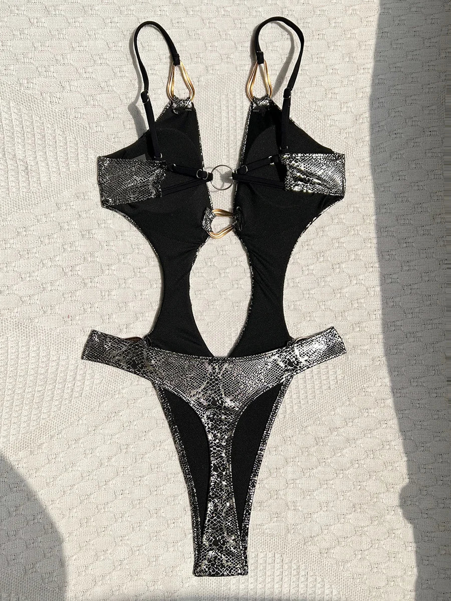 S - XL Snake Skin Deep V Neck High Cut Out One Piece Swimsuit Women Swimwear Female Monokini Backless Bathing Suit Swim Bodysuit
