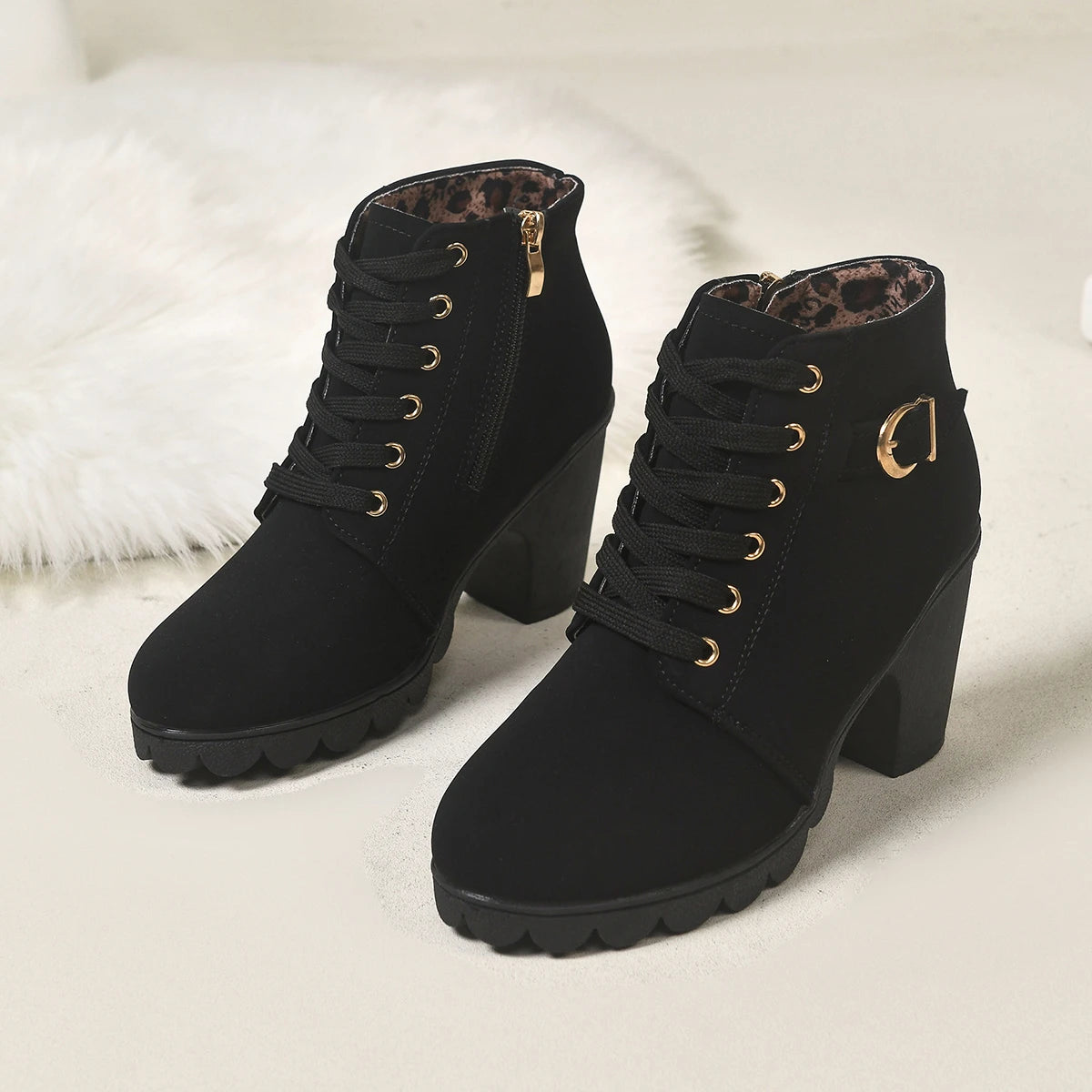 Women Lace‑Up Ankle Boots Metal Buckle Decor Side Zipper Chunky Block Heel Lug Sole Combat Short Booties Fall Winter Large Size