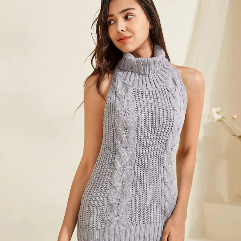 Women's Sleeveless Turtleneck Cable Knit Backless Mini Dress Sexy Virgin Killer Sweater Lingeries Halter Neck Intimate Uniforms