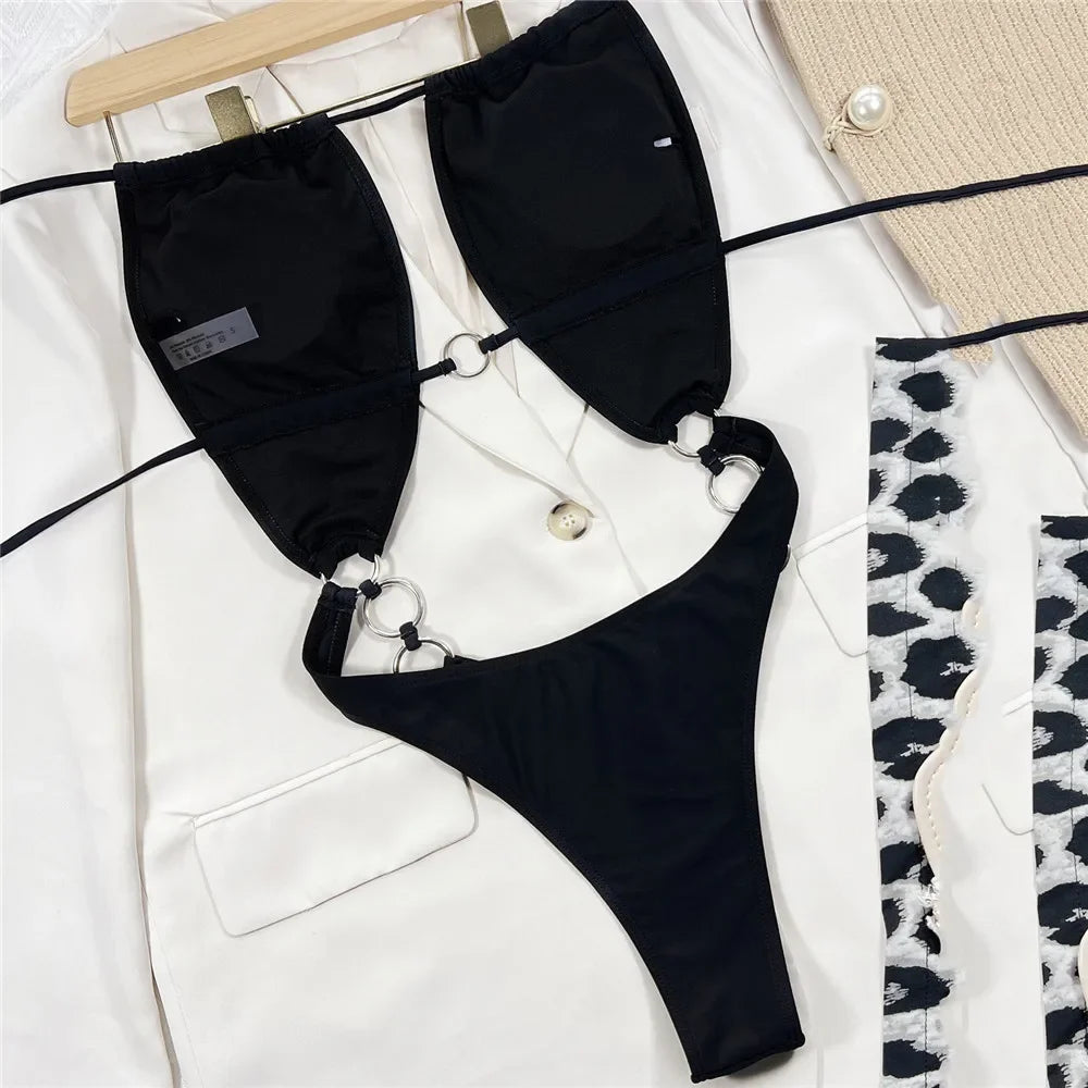 Sexy Black Halter Backless Swimwear Women One Piece Swimsuits Cut Out Monokini Metal Ring Chain Swimming Wear Bathing Suits 2026