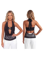 Summer Women Elegant 2 Piece Tops Mesh Sheer Halter Cowl Neck Sleeveless Vest with Buckle Tube Top Going Out Blouse Streetwear