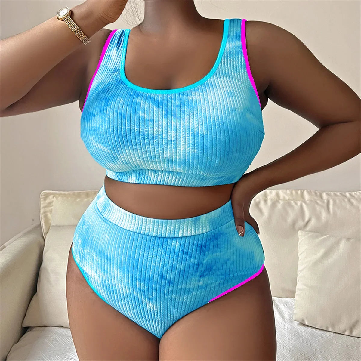 Large Size 3XL Women's Patchwork Swimsuit Sexy Backless High Waist Swimwear Textured Bikini Set Female Beachwear Holiday Biquini