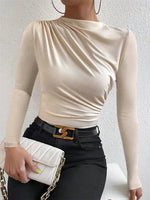 Casual Pleated Mock Neck Long Sleeve T-shirt for Women Autumn Winter Spring Solid Color Ruched Skinny Slim Fit Blouse Top Tshirt