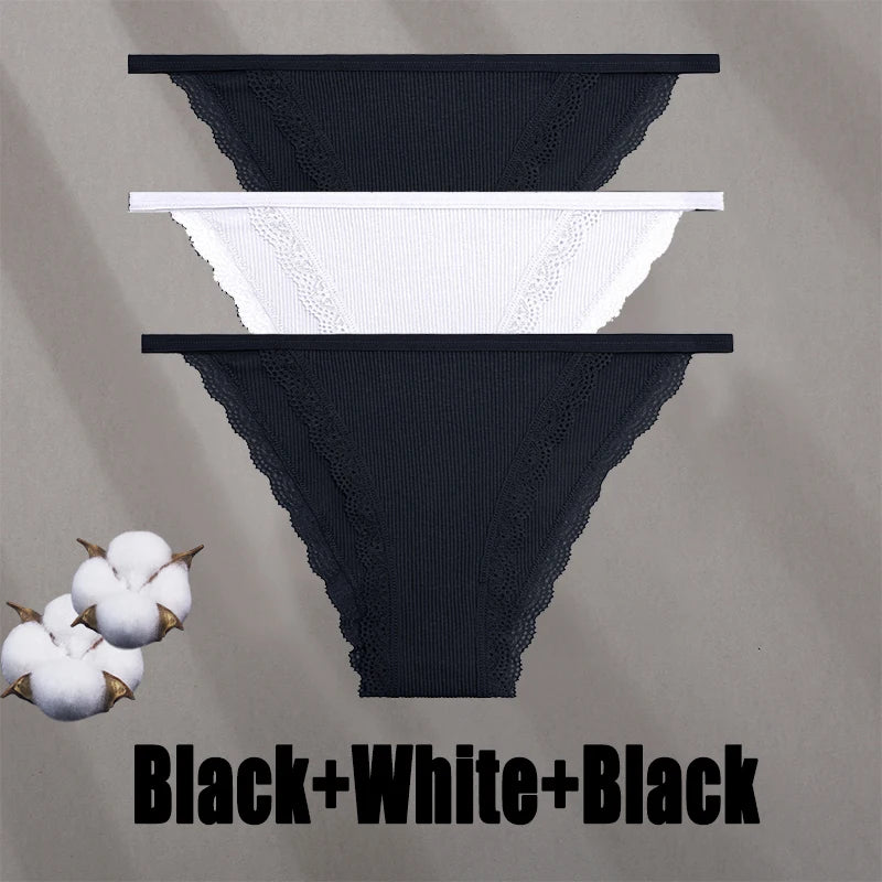 3PCS Women‘s Cotton Lace Panties Low Waist Briefs Comfortable Underwear Ladies Solid Color Underpants Girls Breathable Panty New