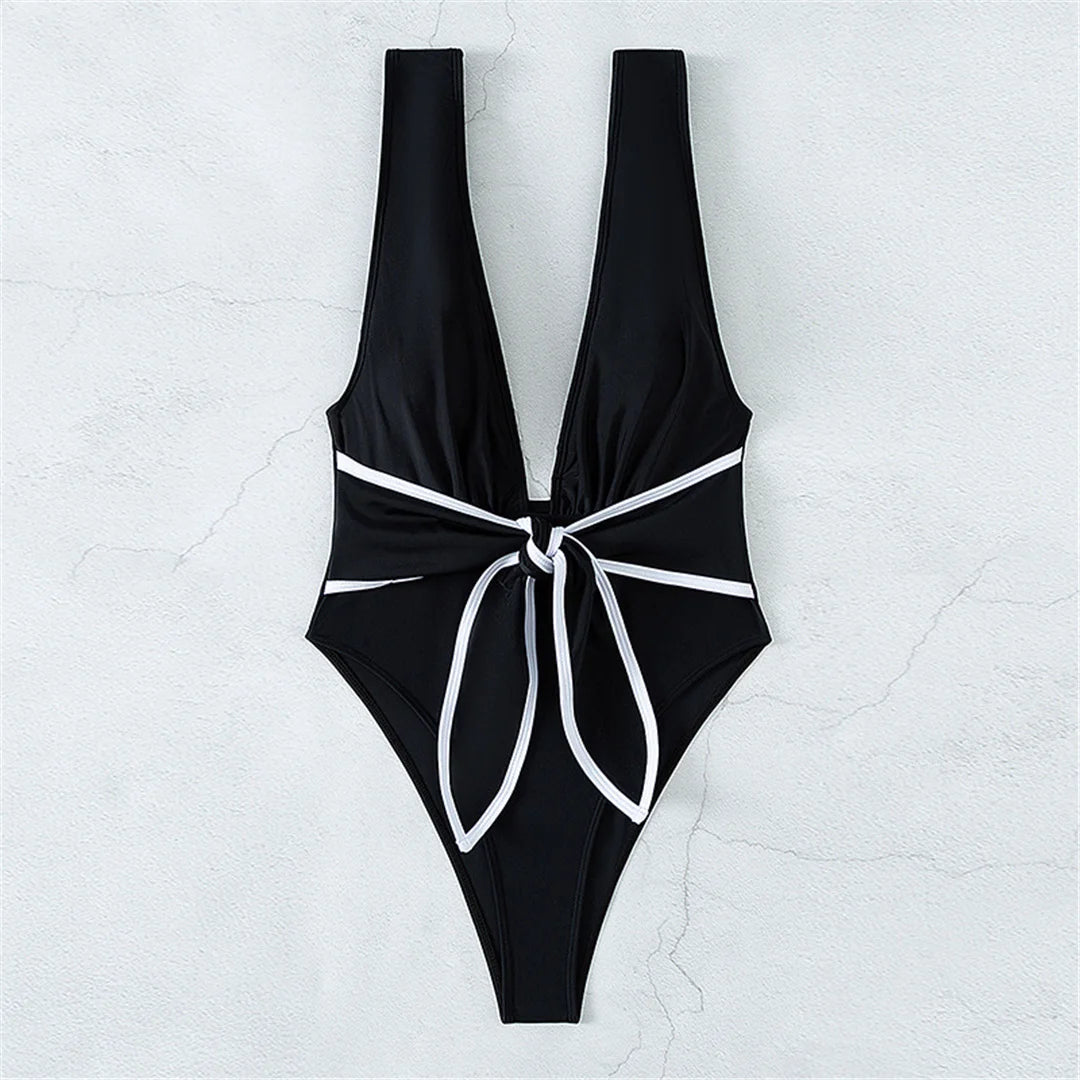 Sexy Knotted Deep V Backless Monokini One Piece Swimsuit Women Swimwear Female Padded High Cut Bather Bathing Suit Swim V3487
