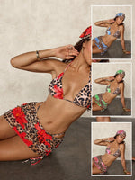 Sexy Pink Floral Leopard Print Bikini 2026 Women Push Up Mesh Skirt Band 4 Piece Swimsuit Beach Bathing Suit Holiday Swimwear