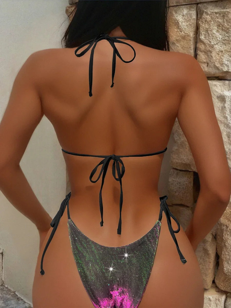 Shiny Gradient Purple Halter Strappy Bikini Female Swimsuit Women Swimwear Two-pieces Bikini Set Bather Bathing Suit Swim Lady