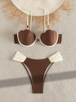 Sexy Coffee Contrast Ruffles Thong Bikini Set Women Hollow Out Push Up Underwire Bra Swimwear 2026 Summer Bathing Suit Swimsuit