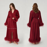 Satin Feather Trim Bridal Morning Gown for Women Long Sleeve Belted Maxi Robe Elegant Soft Home Bathrobe Sleepwear Loungewear