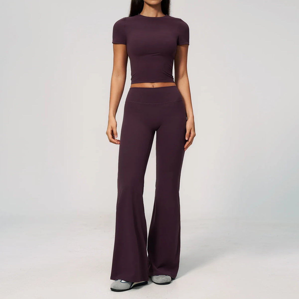 Creamy 2 Pieces Workout Suit Women Yoga Outfits Short Sleeve O Neck Slim Sports T Shirts High Waist Flare Pants Gym Fitness Sets
