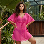 Women Mesh Sheer Swimwear Cover-ups Loose Fit Solid Color Short Sleeve Mini Dress for Beach Pool Casual Bikini Cover Ups Summer
