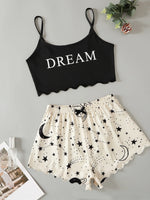Summer Pajamas Set Women's Sleepwear Star Moon Printed Sleeveless Sling Crop Tops and Shorts Set Homewear Loungewear Pijama
