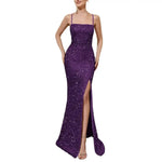 Women's Sparkly Sequin Long Formal Dress Square Neck Backless Split Mermaid Prom Dress Spaghetti Strap Evening Party Gown