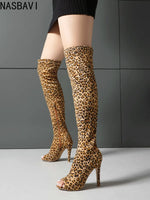 NASBAVI Super High Slim Heel Peep Toe Hollowed Boots Zipper Elastic Boots Leopard Print Flock Material Over The Knee Boots 35-48