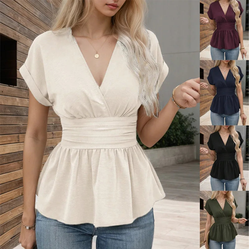 Summer V-Neck T-Shirt for Women Fashion Raglan Sleeve T-Shirt Casual Solid Color Multi-Color Women's Top