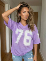 Womens Sporty Jersey Shirts Graphic Number Print Short Sleeve V Neck Loose Fit Tee Tops Summer Casual T-shirt Streetwear