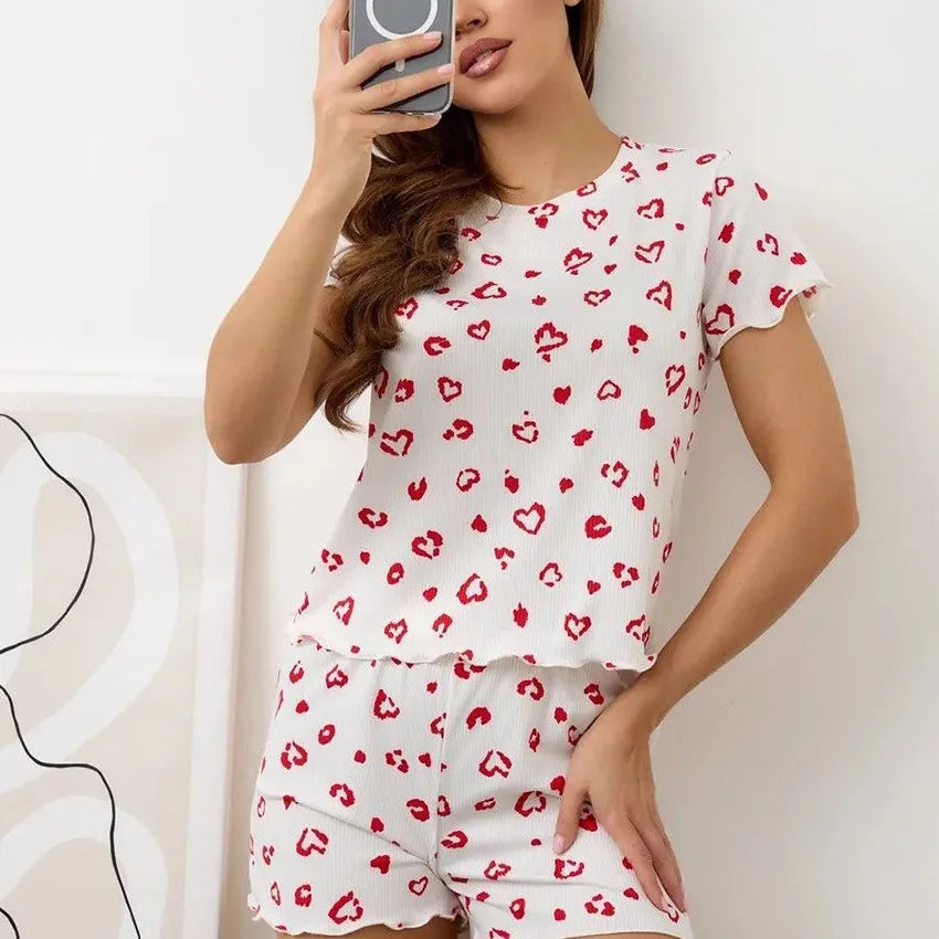 Women Leopard Print Pleated Pajama Set Ruffle Short Sleeve Crop Top Elastic High Waist Shorts Soft Casual Loungewear Sleepwear