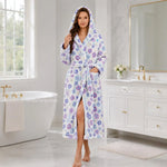 Women Floral Print Coral Fleece Hooded Bathrobe Autumn Winter Thick Warm Long Robe Soft Cozy Casual Home Sleepwear Loungewear
