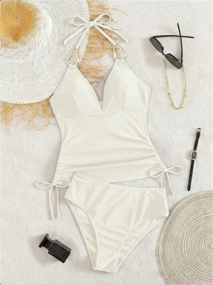 Vintage Black Two Piece Bikini Set 2026 Women Metal Buckle Strap V Neck Pleate Tank Top High Waist Bikini Bathing Suit Swimwear