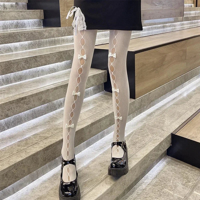 Women Girl Tights Bow-tie Hollow Out Fishnet Stockings Sexy Club Kawaii Gothic Lolita Summer Leggings Hosiery