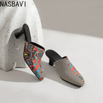 NASBAVI New Breathable Hollow Slippers Stone Pattern Leather Pumps Women Chunky Heels Mules Black Dress Shoes Big Size 45 46 47