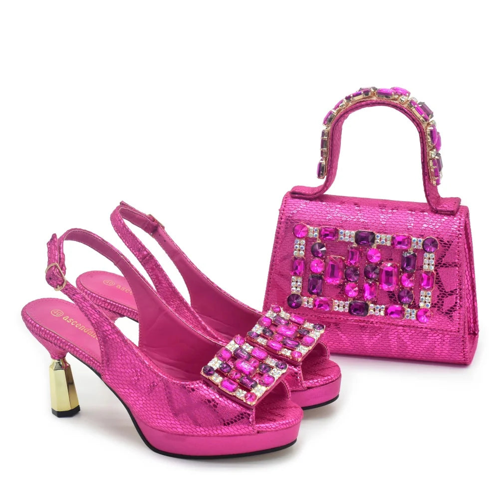 Doershow African fashion Italian Shoes And Bag Sets For Evening Party With Stones PEACH Italian Handbags Match Bags!HQ1-1