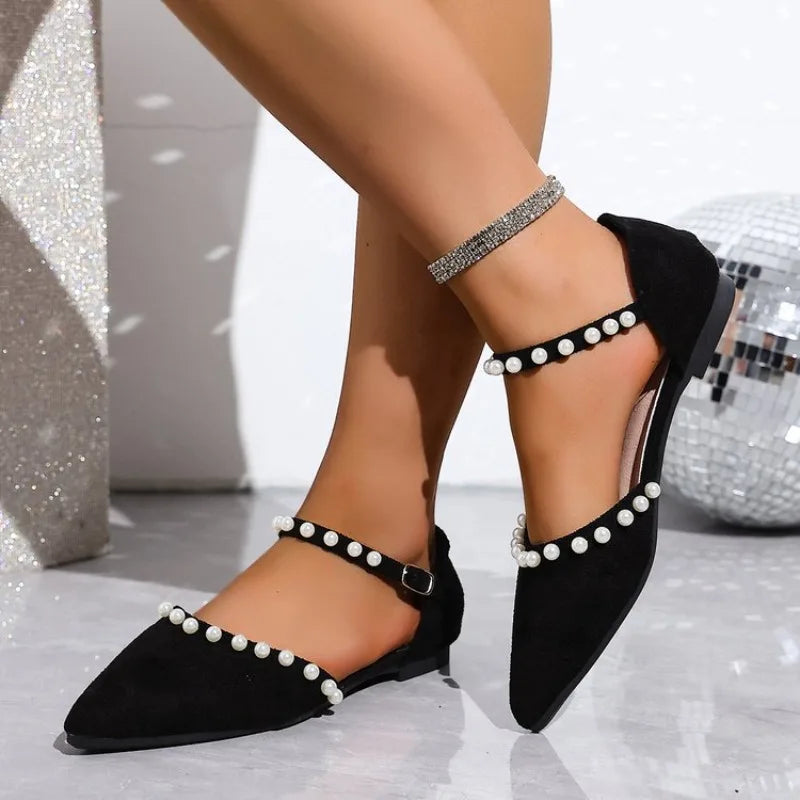 Shoes for Women 2025 Closed Toe Women's Sandals Concise Daily Ladies Pointed Toe String Bead Buckle Strap Cover Heel Flat Shoes