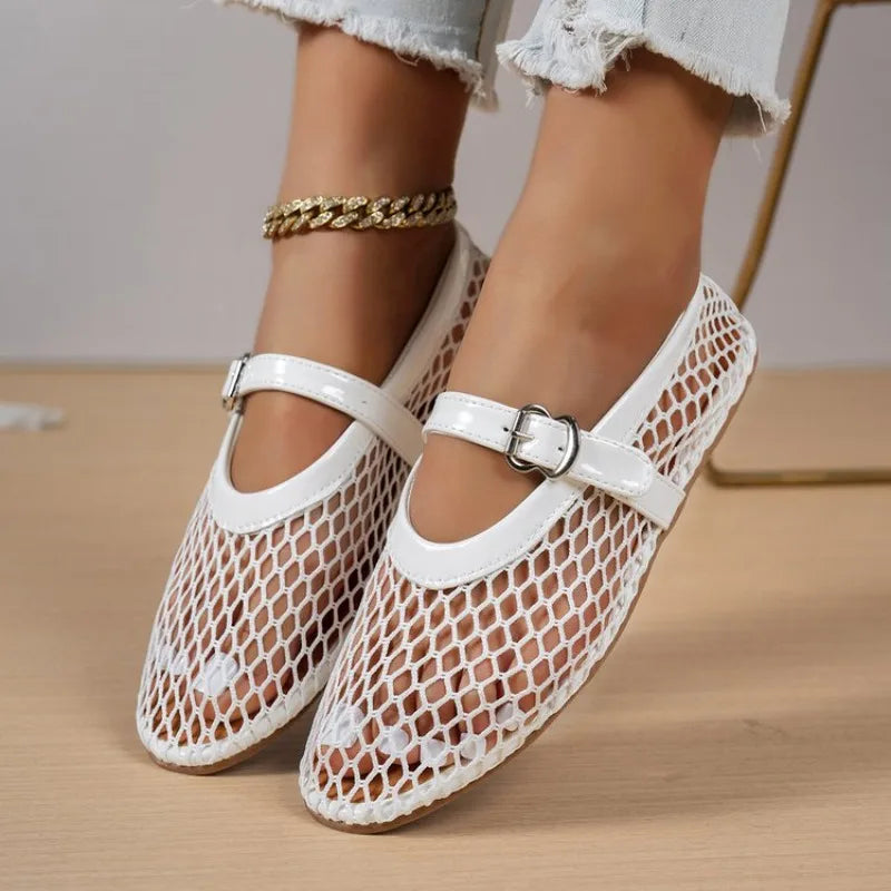 Summer, Wear Round Toe, Straight Buckles, Casual and Comfortable, Women's Flats, Cut-out Mary Jane Single Shoes,fishnet Shoes