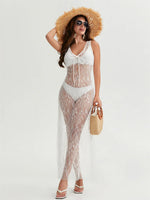 Women Lace Dress Sleeveless V Neck Long Dress for Party Club Beach 2026 Summer Sexy See Through Bikini Cover-ups