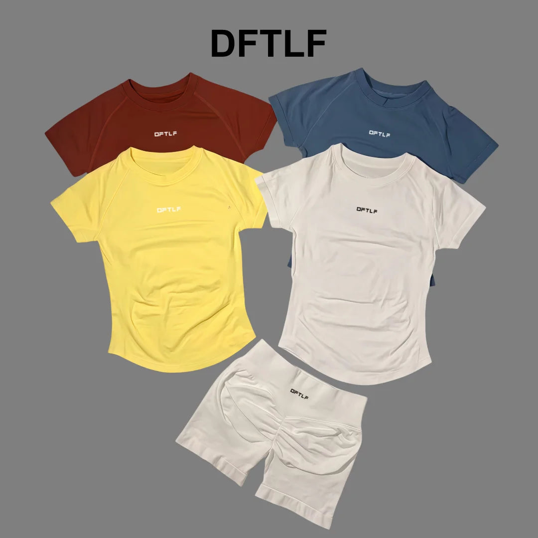 DFTLFWomen 2PCS Seamless Yoga Suit Short Sleeve Top High Waist Shorts Quick Dry Breathable Gym Fitness Running Workout Sport