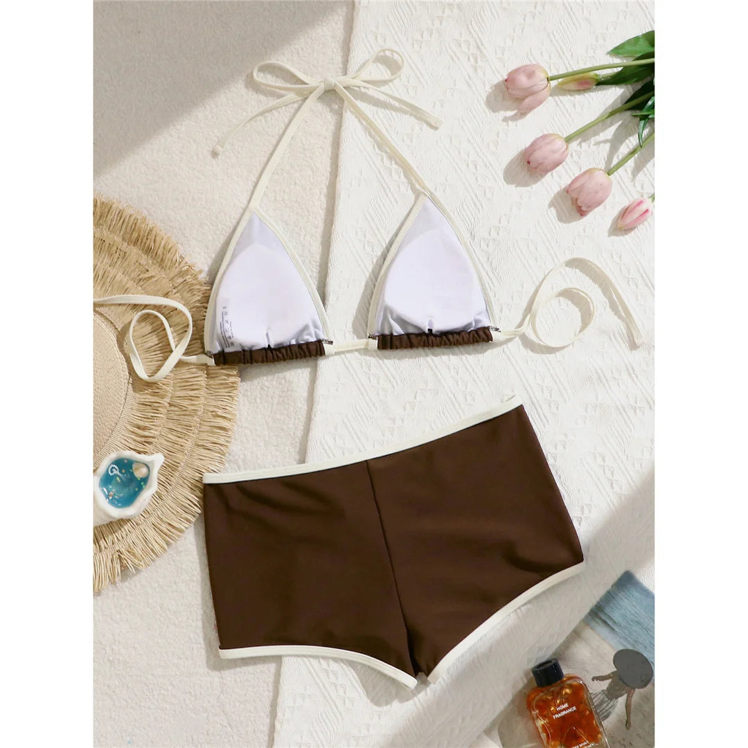 Sexy Splicing Halter Shorts Bikini Female Swimsuit Women Swimwear Padded Bather Bathing Suit Swim Two-pieces Bikini set K8132