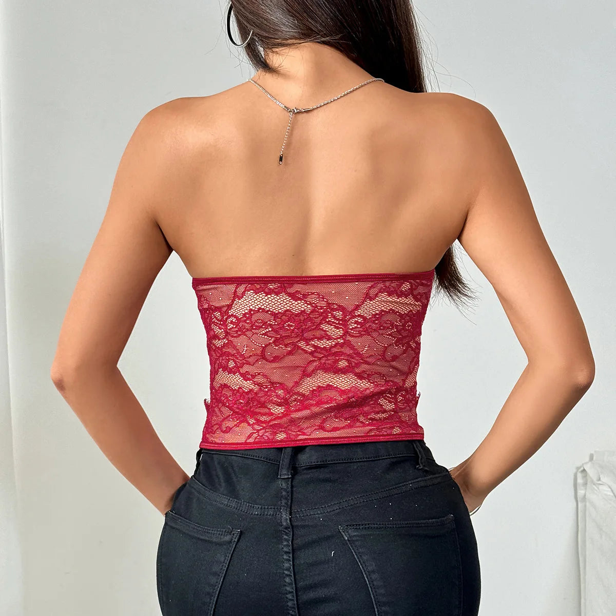 Y2K Street Tank Top Women Summer Lace Front Embroidery Floral Buttom Push Up Underwire Strapless Bandage Fishbone Vest