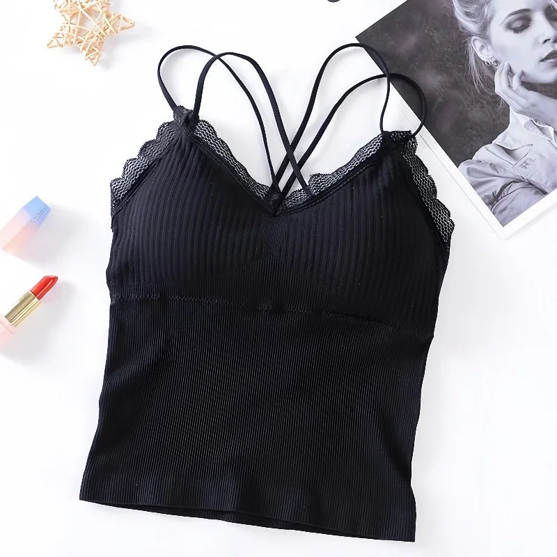 Summer Tank Top Women Crop Tops Sexy Lingerie Beauty Back Seamless Underwear Lace Bralette Camis Female Padded Camisole Femme