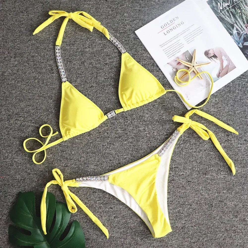 Luxury Rhinestone Bikini Women 2025 Sexy Orange Yellow Crystal Diamond Push Up Thong Swimsuit Beach Bathing Suit Tanga Swimwear