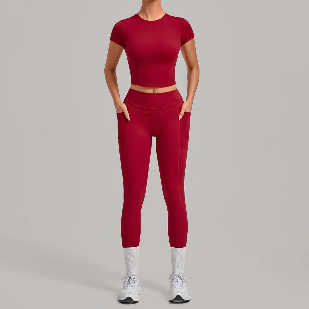 Women Tracksuit Yoga Sets Short Sleeve Slim Sports T Shirts Workout Clothes Outdoor Tight High Waist Pocket Pants Fitness Suits