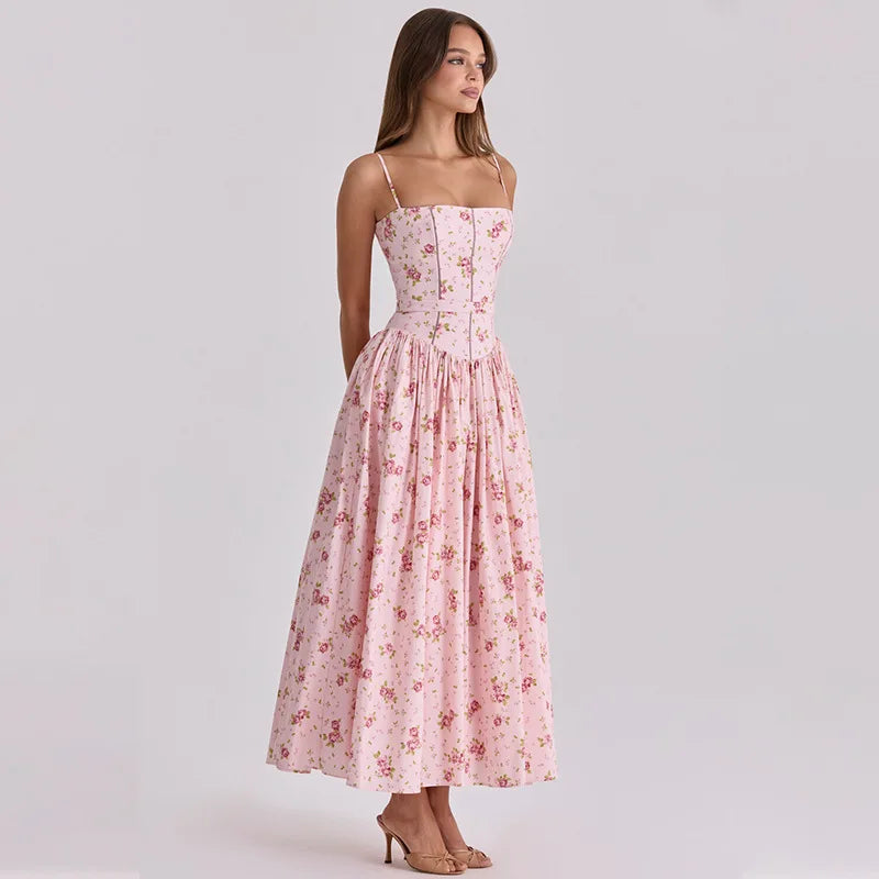 FDYOUI 2026 Summer Spaghetti Strap A-line Floral Vacation Dress for Women Elegant High Waist Tunics Long Party Evening Dresses