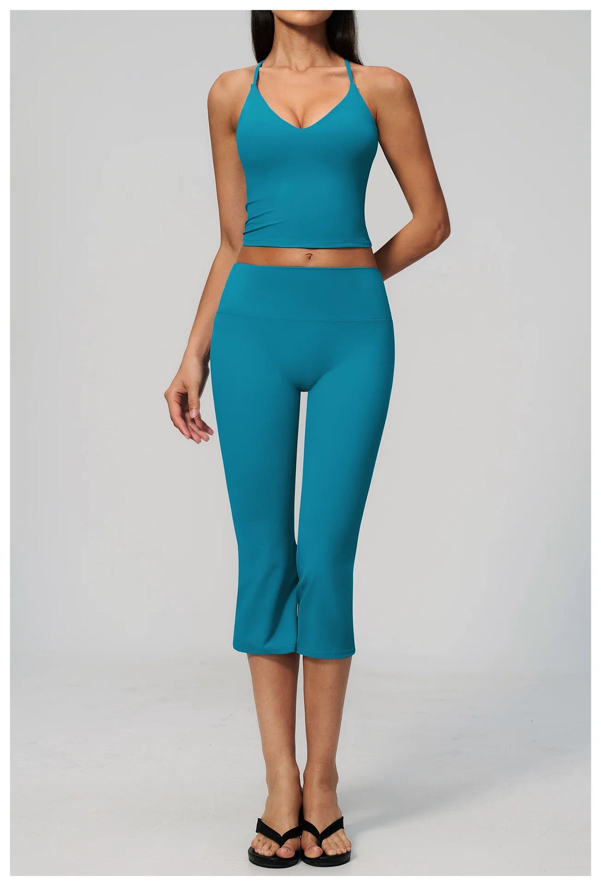 Summer New Yoga Clothing Women Solid V Neck Slim Sports Tank Top Athletic Wear High Waist Butt Lift Mid Pants Gym Fitness Suits