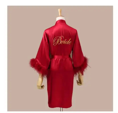 Women FEATHER Bride Bridesmaid Wedding Robe Satin Kimono Bathrobe Gown Nightwear Embroidery Letter Nightgown V-Neck Lingerie