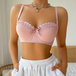 High Quality Pink Heavy Duty Lace Design Underwear Bow Daily Push Up Bra Sexy Lingerie Women With Steel RingJ1903