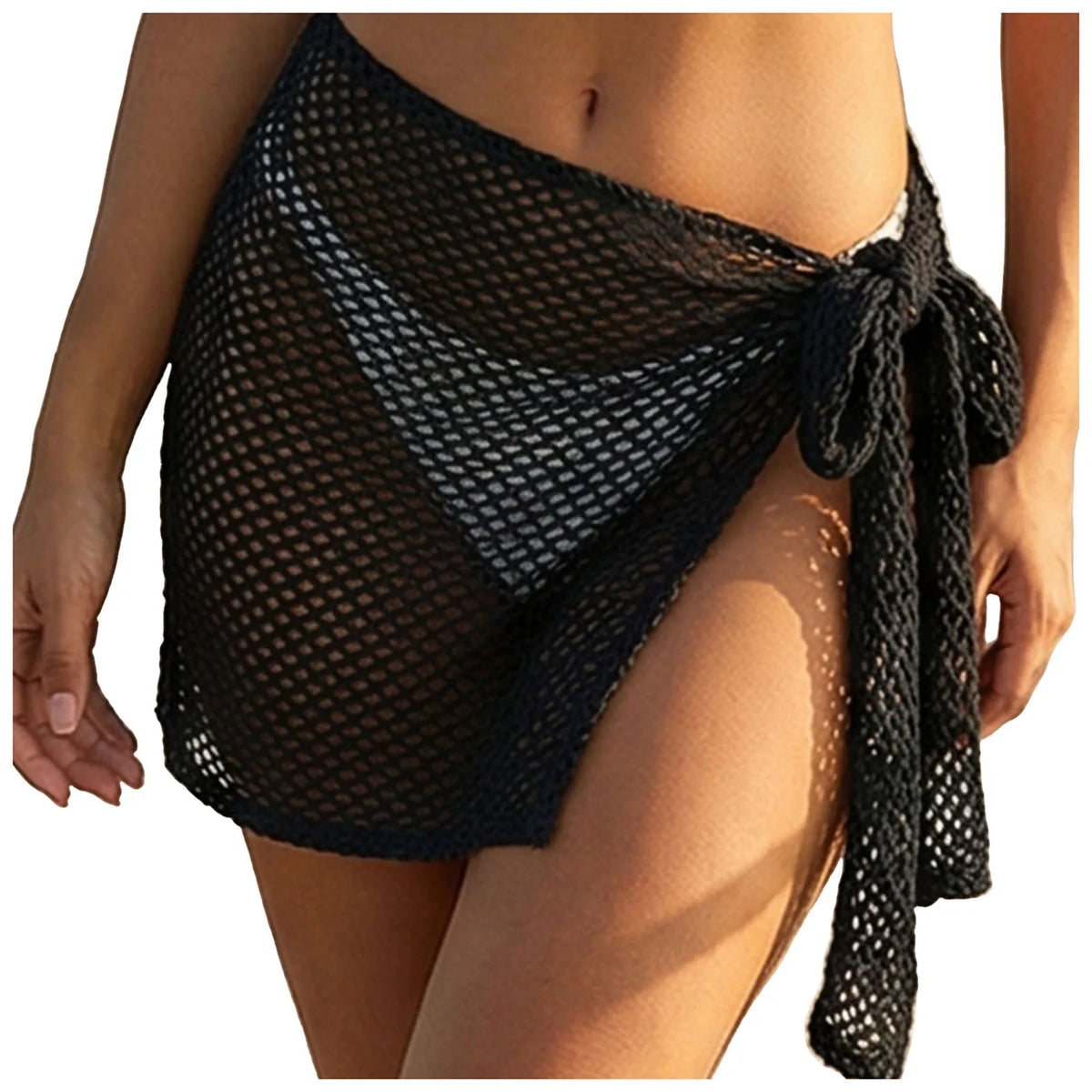 Women Crochet Knit Beach Cover Up Skirt Tie Side Holllow Out Mesh Mini Skirt Bow Knot Swimsuit Coverup Summer Vacation Beachwear