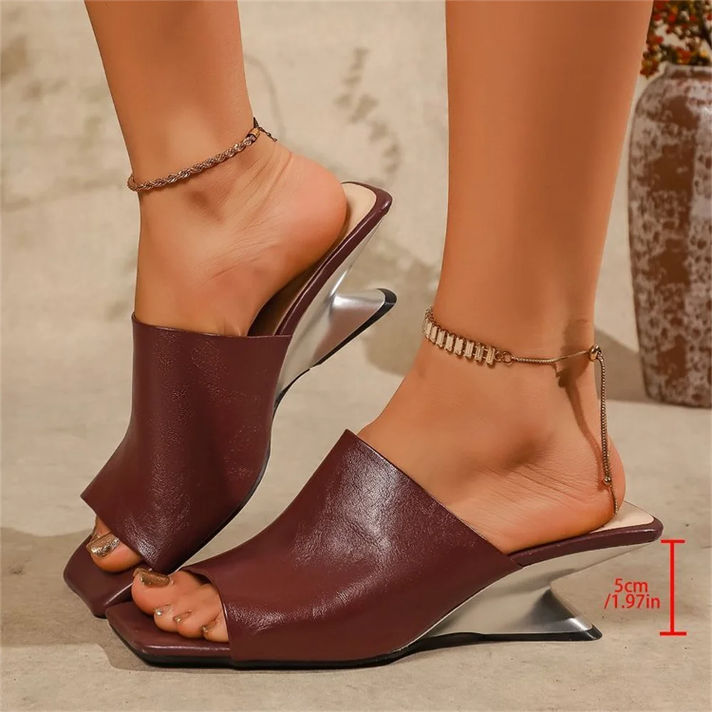 Big Size 42 Burgundy Metallic Wedge Heel Slide Mules Sandals Women Chic Slip On Black Outdoor 5CM Wedges Slipper Daily Shoes