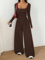 Women's Casual Solid Color Square Neck Long Sleeve A-Line Jumpsuit Pleating Wide Leg Loose Mopping Jumpsuit Spring/Fall 2026