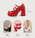 Plus Size Women Red Patent Leather Platform Mary Jane Shoes 3 Rhinestone Buckle Straps Chunky BlockY2K Lolita Party Pumps