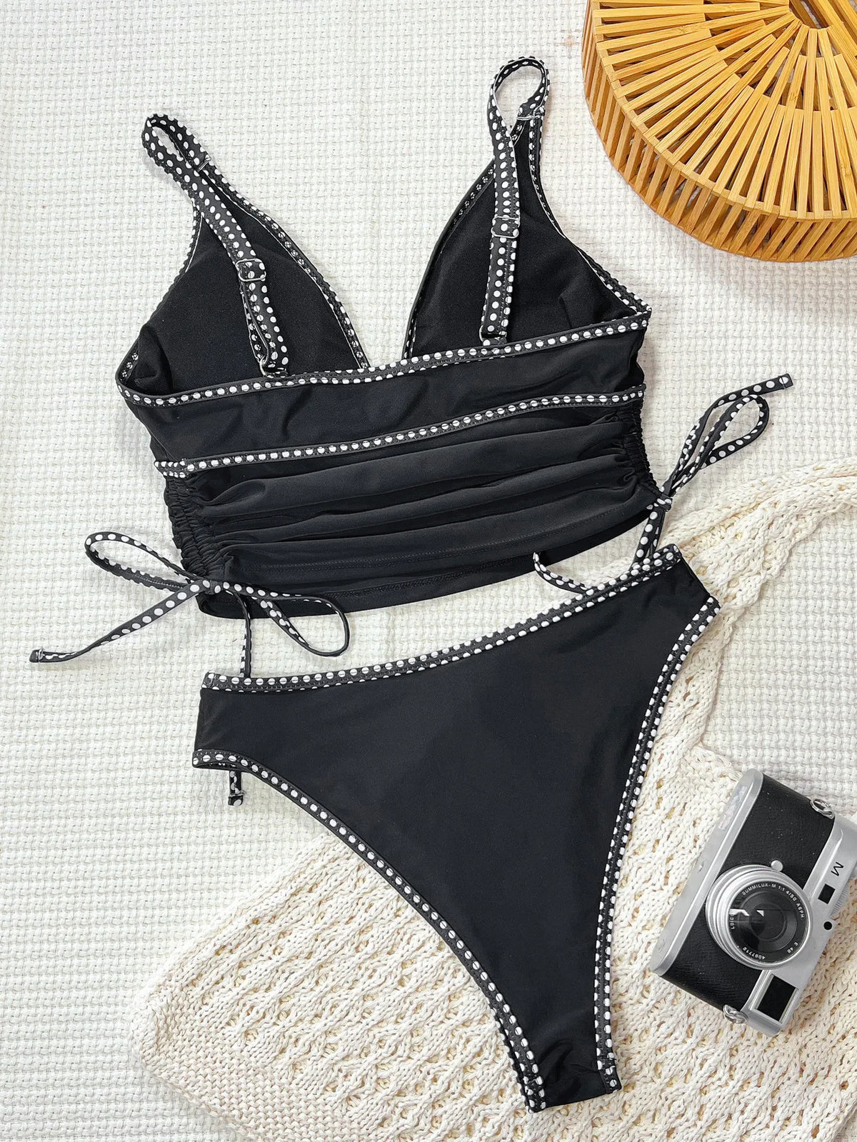 Sexy Balck Contrast Bikini Set 2026 Women V Neck Drawstring Side Top High Waist Swimsuit Summer Bathing Suit Two Piece Swimwear