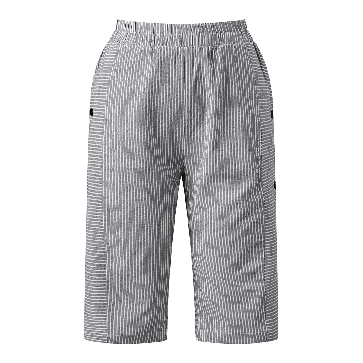2026 Summer Women Striped Capris Casual Stylish Elastic Waist Side Button Straight-leg Pants Daily Cropped Trousers