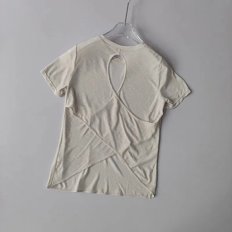Women's Quick Drying Hollow out Back Sports T-Shirt Yoga Suit Top Short Sleeve Fitness Cover up