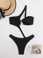 Sexy Black Hollow Out Bikini 2025 Women One Shoulder Metal DesignerBackless Thong One Piece Swimsuit Summer Bathing Suits