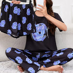 3-Piece Heart Print Pajama Women Sleepwear Home Clothes Short Sleeve Top with Shorts & Long Pants Pajamas Loungewear Short Suit