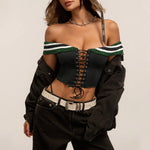 Sexy Green Black Knitted Patchwork Corset Tops Women's Sleeveless Vest 2026 Bandage Cross Off Shoulder Fishbone Y2K Tanks Top